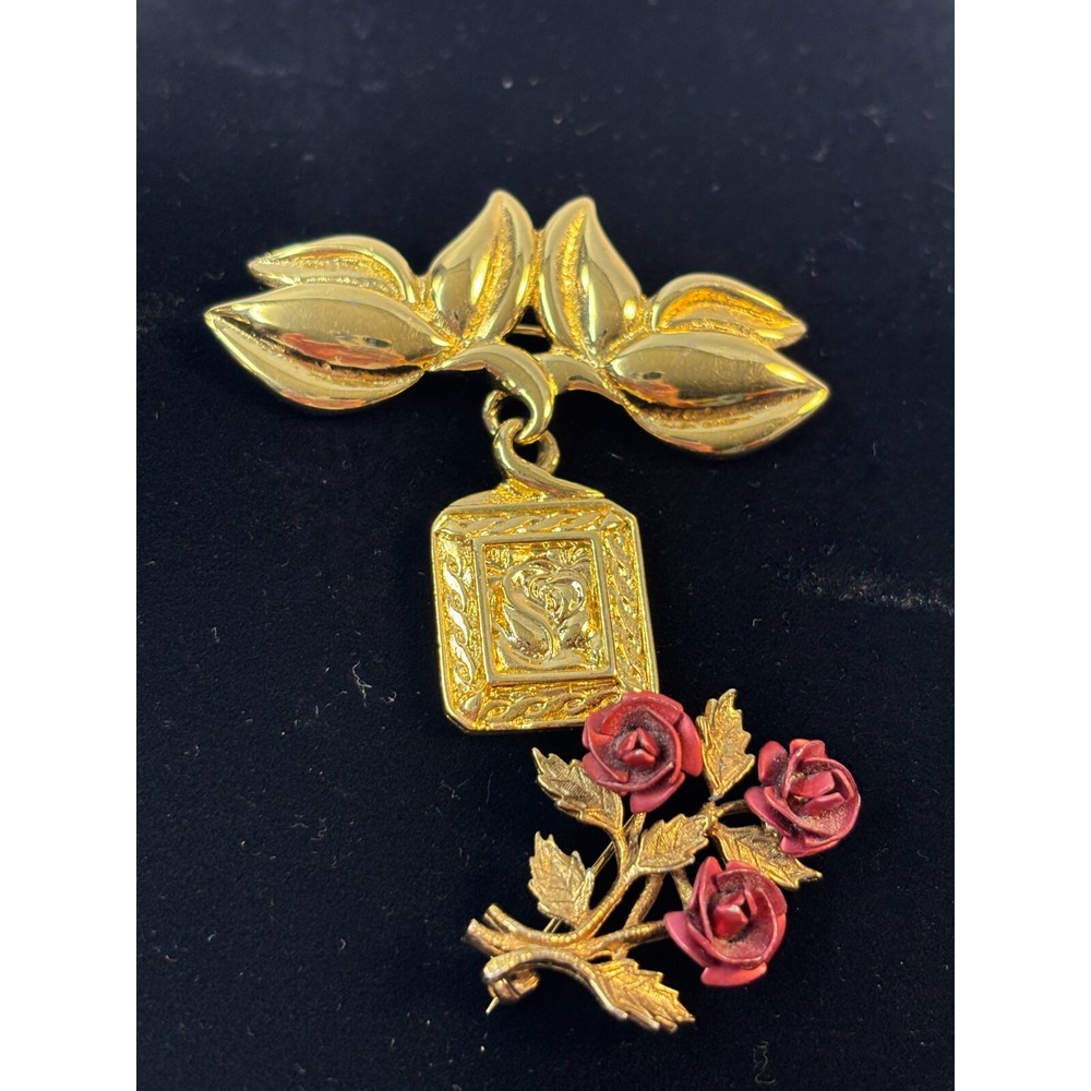 Vintage Brooch Pin Gold Tone Leaf Perfume Bottle Red Rose Floral Liz Claiborne